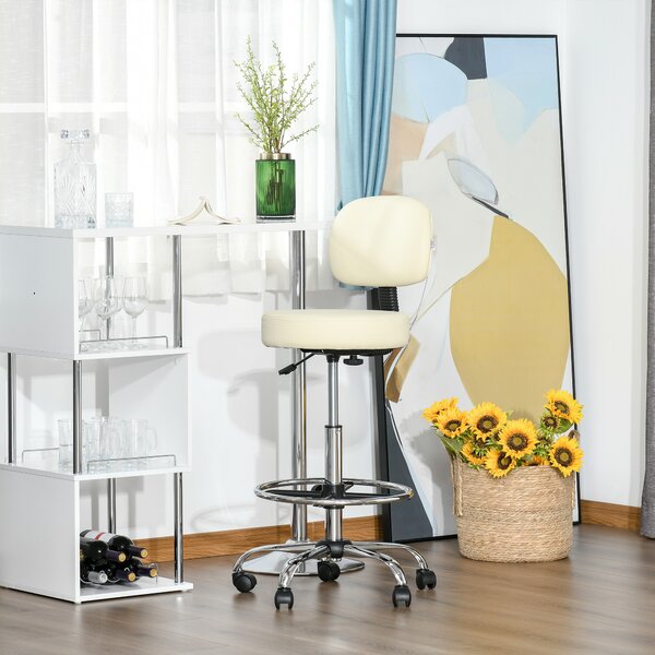 HOMCOM Sgabelli da bar, sedie girevoli, sgabelli da lavoro, sgabelli da ufficio, altezza regolabile, girevole a 360°, con schienale, imbottito, ampio sedile per un miglior comfort, PU beige, 56 x 57 x 104-127 cm