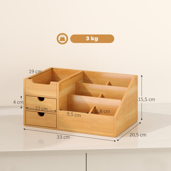 HOMCOM Organizer da Scrivania in Bambù con 2 Cassetti e 7 Scomparti Portaoggetti, 33x20.5x15.5 cm | Aosom Italy