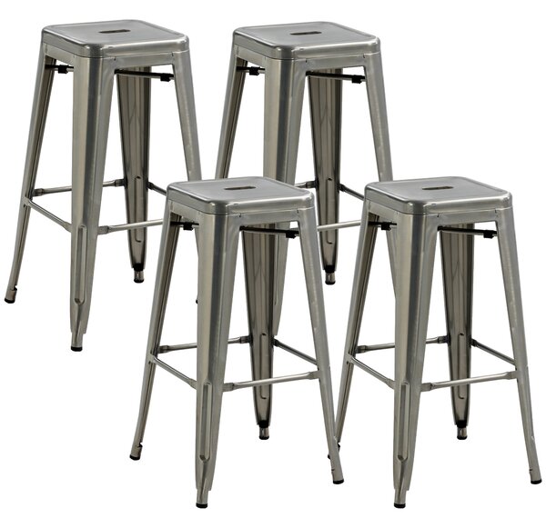HOMCOM Set 4 Sgabelli Bar Impilabili con Poggiapiedi, Stile Industriale, in Acciaio, per Sala da pranzo, Argento | Aosom Italy