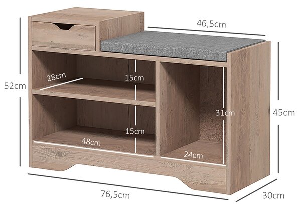 HOMCOM Panca Scarpiera Moderna con 3 Ripiani Aperti e Cassetti, in Legno, Poliestere e Spugna, 76.5x30x52 cm, Grigio | Aosom Italy