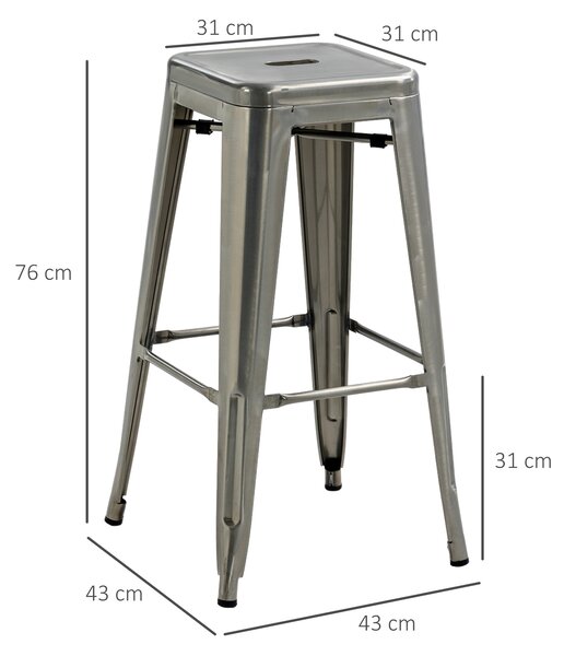 HOMCOM Set 4 Sgabelli Bar Impilabili con Poggiapiedi, Stile Industriale, in Acciaio, per Sala da pranzo, Argento | Aosom Italy