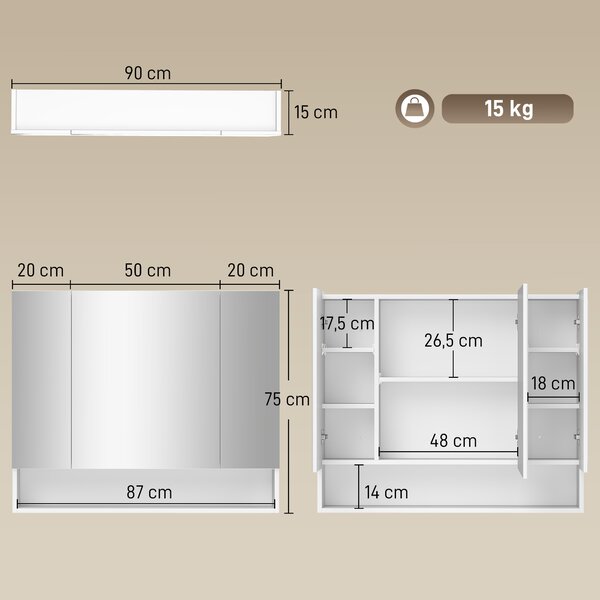 Kleankin Specchio Bagno Contenitore con 3 Ante Soft Close, 90x15x75 cm Mobile Bagno con Specchio, Ripiani Regolabili, Scomparto Aperto, Mobilettto Bagno da Parete Salvaspazio in Vetro, Bianco | Aosom Italy
