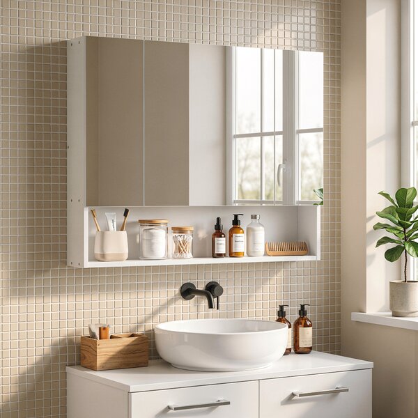 Kleankin Specchio Bagno Contenitore con 3 Ante Soft Close, 90x15x75 cm Mobile Bagno con Specchio, Ripiani Regolabili, Scomparto Aperto, Mobilettto Bagno da Parete Salvaspazio in Vetro, Bianco | Aosom Italy