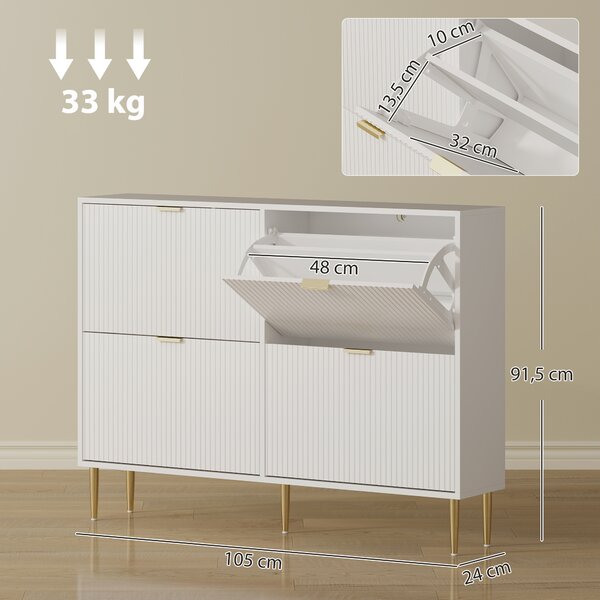 HOMCOM Scarpiera Slim per 20 Paia di Scarpe con 4 Cassetti a Ribalta e Ripiani Regolabili, 105x24x91.5 cm, Bianco | Aosom Italy