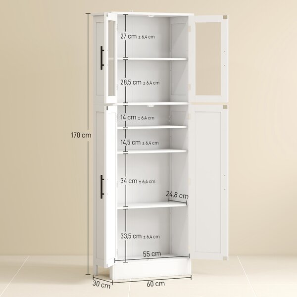HOMCOM Mobile Bagno Alto con Ripiani Regolabili, Ante in Vetro e Legno, 60x30x170 cm, Bianco | Aosom Italy