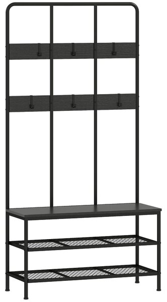 HOMCOM Appendiabiti da Ingresso 3 in 1 con 6 Ganci e Panca con Scarpiera, 91x36x180 cm, Nero | Aosom Italy