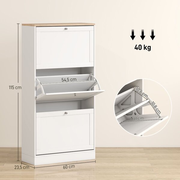 HOMCOM Scarpiera Salvaspazio a 3 Cassetti con Ripiani Regolabili su 2 Livelli, in Legno, 60x23.5x115 cm, Bianco | Aosom Italy