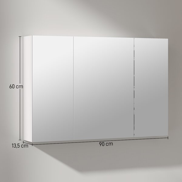 Kleankin Armadietto Pensile Bagno con 3 Ante a Specchio e Ripiani Regolabili in Legno 90x13.5x60 cm, Bianco | Aosom Italy