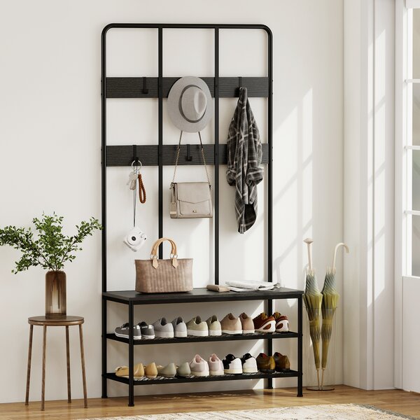 HOMCOM Appendiabiti da Ingresso 3 in 1 con 6 Ganci e Panca con Scarpiera, 91x36x180 cm, Nero | Aosom Italy