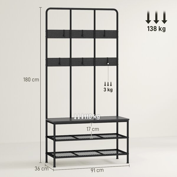HOMCOM Appendiabiti da Ingresso 3 in 1 con 6 Ganci e Panca con Scarpiera, 91x36x180 cm, Nero | Aosom Italy