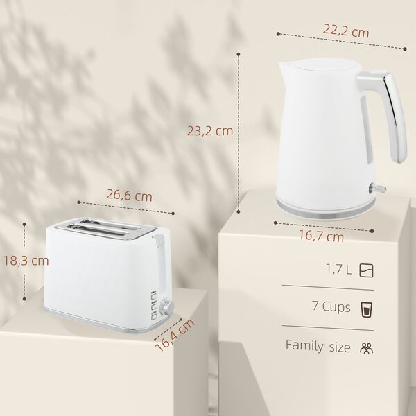 HOMCOM Set Bollitore Elettrico da 1.7L 2200W con Termostato e Tostapane Doppio con 7 Livelli di Doratura, Bianco | Aosom Italy