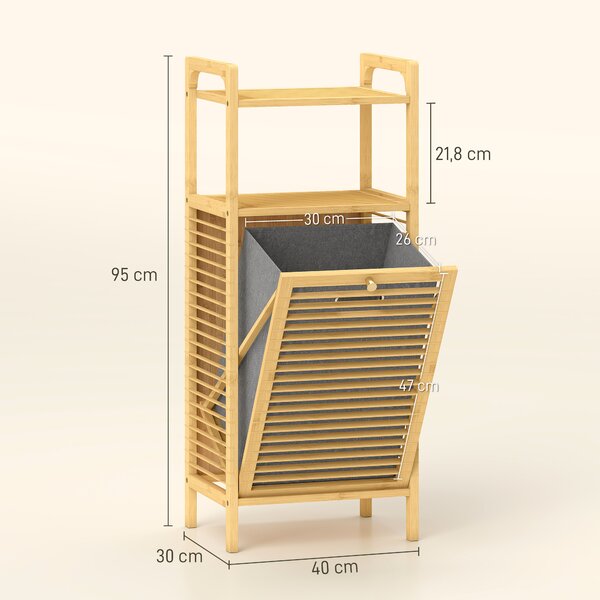 HOMCOM Mobile Bagno a Doghe con Cesto Portabiancheria e Armadietto, in Bambù e Poliestere, 40x30x95 cm, Grigio e Legno | Aosom Italy