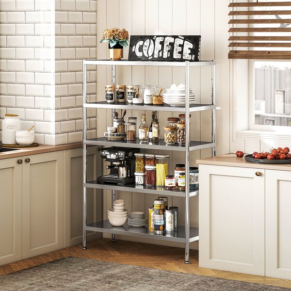 HOMCOM Scaffale da Cucina a 5 Livelli Regolabili su 13 Altezze Diverse, in Acciaio Inox, 91x40x139 cm, Argento | Aosom Italy