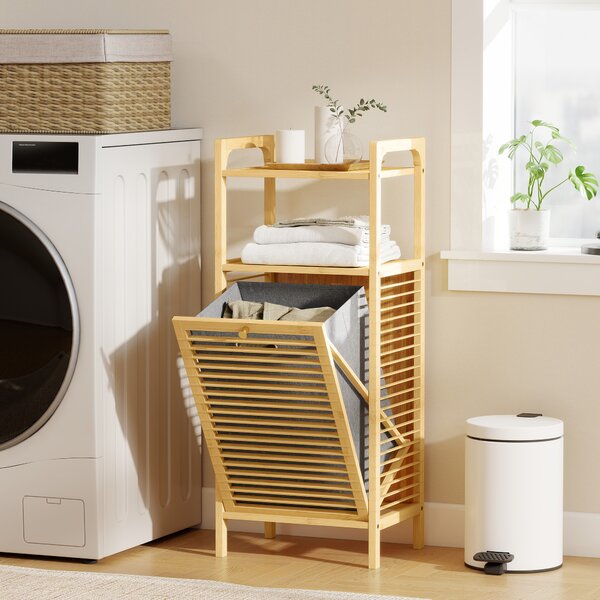 HOMCOM Mobile Bagno a Doghe con Cesto Portabiancheria e Armadietto, in Bambù e Poliestere, 40x30x95 cm, Grigio e Legno | Aosom Italy