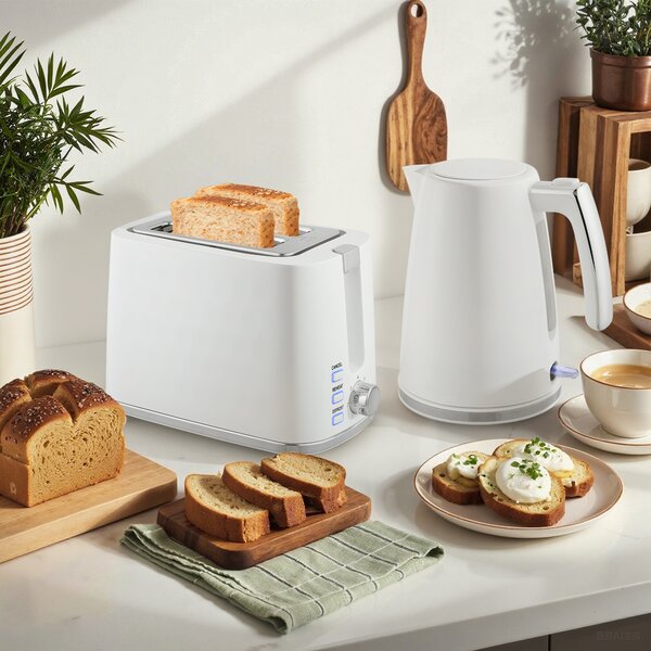HOMCOM Set Bollitore Elettrico da 1.7L 2200W con Termostato e Tostapane Doppio con 7 Livelli di Doratura, Bianco | Aosom Italy