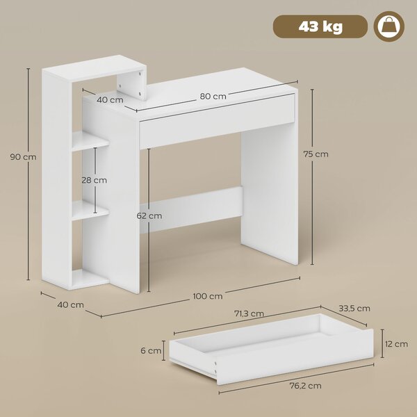 HOMCOM Scrivania PC Moderna con 3 Ripiani Aperti e Cassetto, in Legno Bianco, 100x40x90 cm | Aosom Italy
