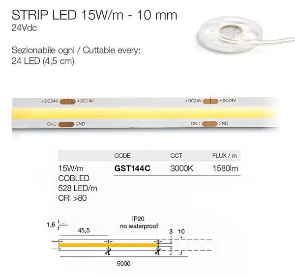Strip led interno dimmerabile gea led gst144c 24v 3000°k 1580lm/mt striscia modulo led - Gea Led