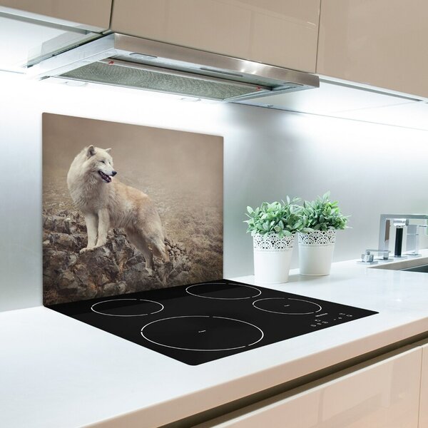 Tagliere in vetro temperato Lupo bianco sulla roccia 60x52 cm