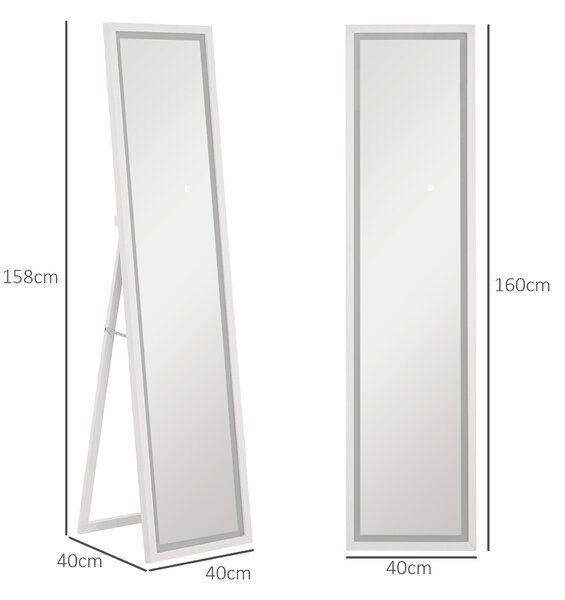 HOMCOM Specchio Illuminato con Luci LED Regolabili e Pulsante Touch, in Vetro e MDF, 40x5x160 cm, Bianco | Aosom Italy