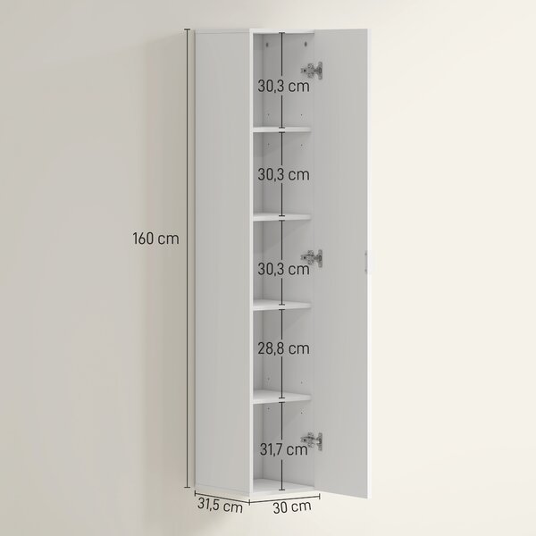 HOMCOM Mobile Bagno Sospeso a Colonna con Ripiani Regolabili e Chiusura Soft Close, 30x31.5x160 cm, Bianco | Aosom Italy