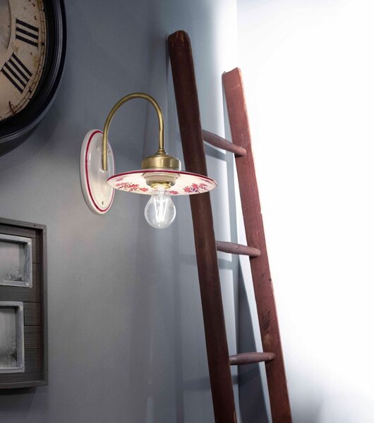 Applique Classica Asti Ferro E Ceramica Ottone Satinato Decorato 1 Luce E27