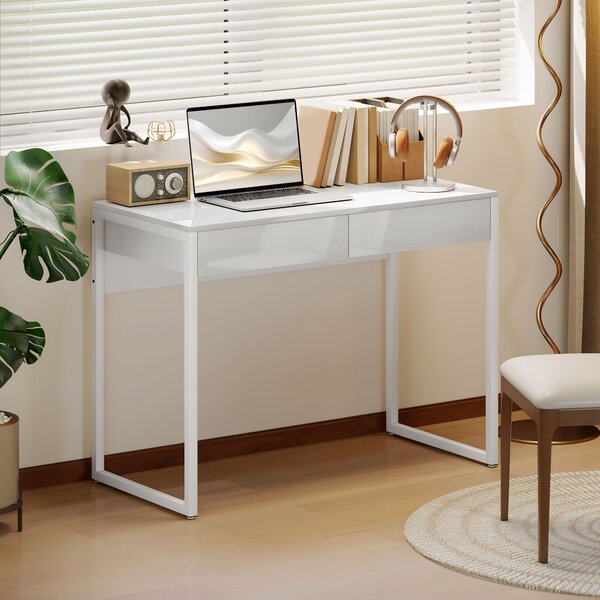 HOMCOM Scrivania Moderna con 2 Cassetti e Gambe in Acciaio, 100x50x75 cm, Bianco Lucido | Aosom Italy