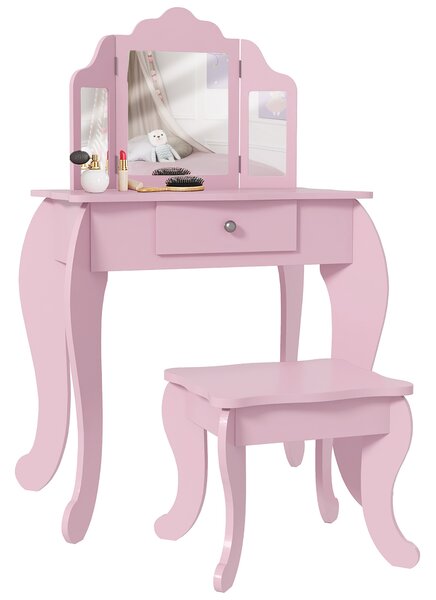 HOMCOM Tavolo da Trucco per Bambini con Sgabello e Triplo Specchio, in Legno e Acrilico, 63x40x85.5 cm, Rosa | Aosom Italy