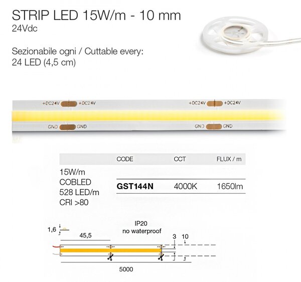 Strip led interno dimmerabile gea led gst144n 24v ip20 4000°k 1650lm/m striscia modulo led - Gea Led