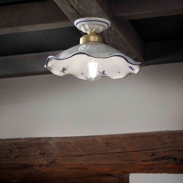 Plafoniera Classica Belluno Ceramica E Ottone Decorato Filo Blu 1 Luce E27