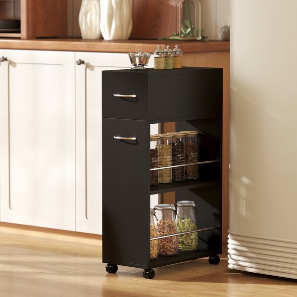 HOMCOM Carrello da Cucina con 2 Ripiani Aperti, Cassetto e Parapetti, Legno e Acciaio Inox, 25x50x85 cm, Nero | Aosom Italy