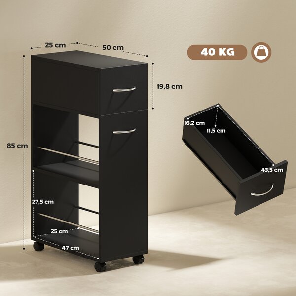 HOMCOM Carrello da Cucina con 2 Ripiani Aperti, Cassetto e Parapetti, Legno e Acciaio Inox, 25x50x85 cm, Nero | Aosom Italy