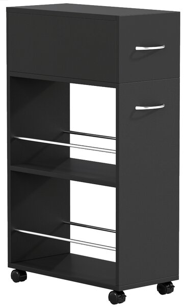 HOMCOM Carrello da Cucina con 2 Ripiani Aperti, Cassetto e Parapetti, Legno e Acciaio Inox, 25x50x85 cm, Nero | Aosom Italy