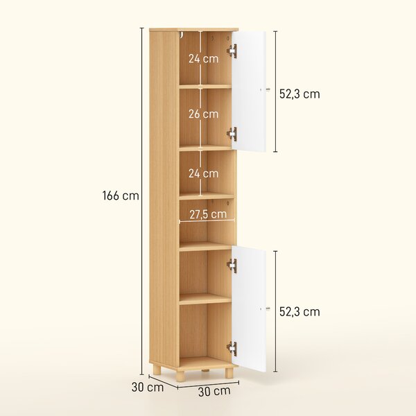 HOMCOM Colonna Bagno con 2 Armadietti e Ripiani Aperti, Mensole Interne Regolabili, 30x30x166 cm, Bianco e Legno | Aosom Italy