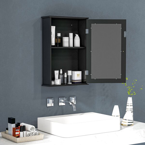 Kleankin Mobiletto Bagno Pensile con Specchio e Anta a Chiusura Magnetica, 41x14x60 cm, Nero | Aosom Italy