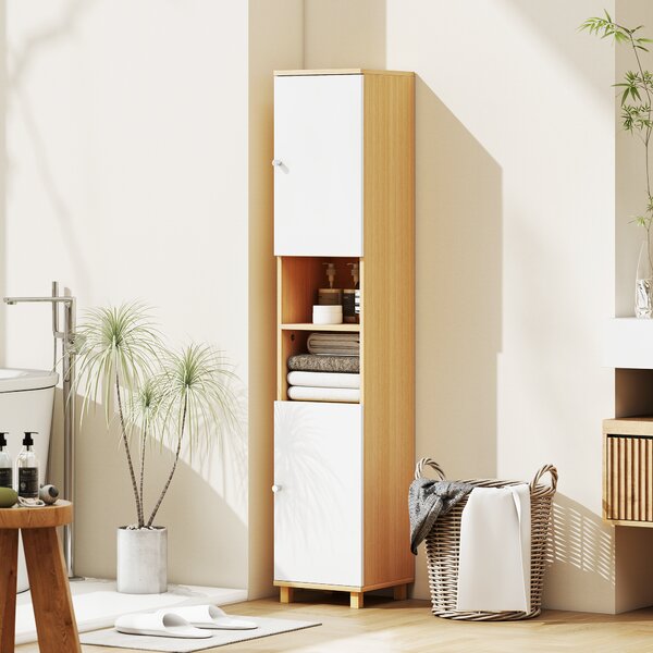 HOMCOM Colonna Bagno con 2 Armadietti e Ripiani Aperti, Mensole Interne Regolabili, 30x30x166 cm, Bianco e Legno | Aosom Italy