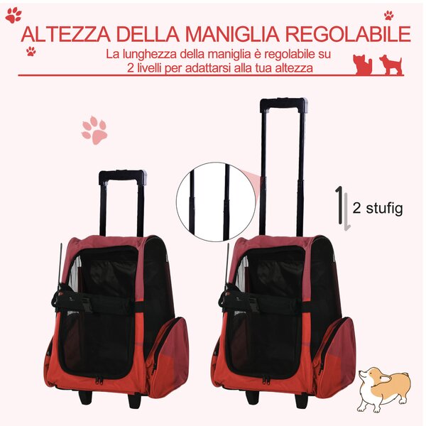 PawHut Trasportino Zaino 2 in 1 per Cani e Gatti con Tasche Laterali, Maniglia Telescopica e Ruote, 42x25x55cm, Rosso|Aosom