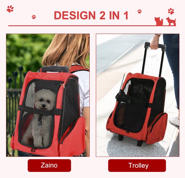 PawHut Trasportino Zaino 2 in 1 per Cani e Gatti con Tasche Laterali, Maniglia Telescopica e Ruote, 42x25x55cm, Rosso|Aosom