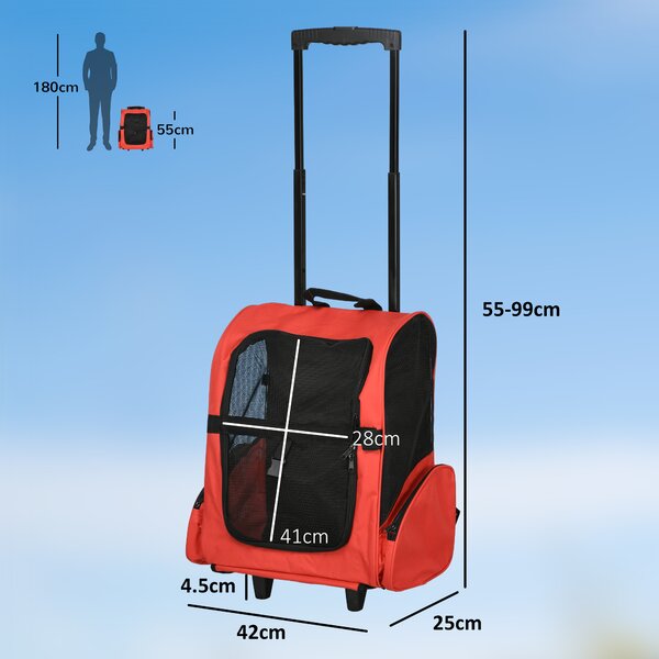 PawHut Trasportino Zaino 2 in 1 per Cani e Gatti con Tasche Laterali, Maniglia Telescopica e Ruote, 42x25x55cm, Rosso|Aosom