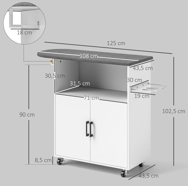HOMCOM Mobile Asse da Stiro con Armadietto a 2 Ante e Spazio Aperto, 125x43.5x102.5 cm, Bianco | Aosom Italy
