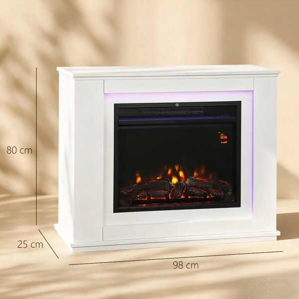 HOMCOM Camino Elettrico Potenza 1000W / 2000W con Fiamma a 12 Colori e 5 Luminosità, Telecomando e Timer, 98x25x80 cm, Bianco e Nero | Aosom Italy