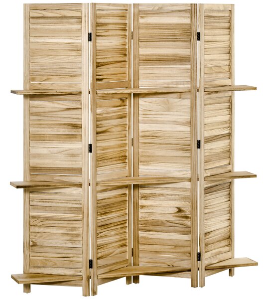 HOMCOM Paravento Divisorio per Interni Pieghevole a 4 Ante con Ripiani in Legno di Paulonia, 162x170 cm, Legno | Aosom Italy