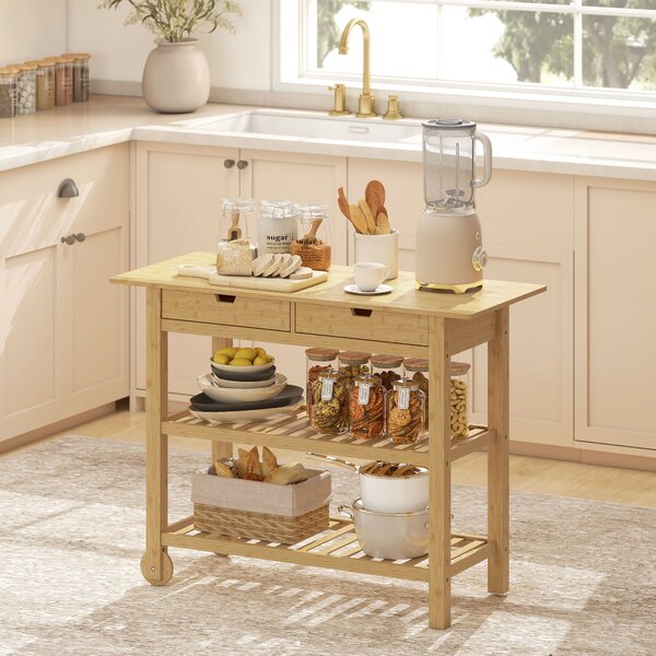 HOMCOM Carrello Cucina in Legno di Bambù con 2 Cassetti, 2 Ripiani a Doghe e 2 Rotelle, 100x43x75 cm, Legno | Aosom Italy