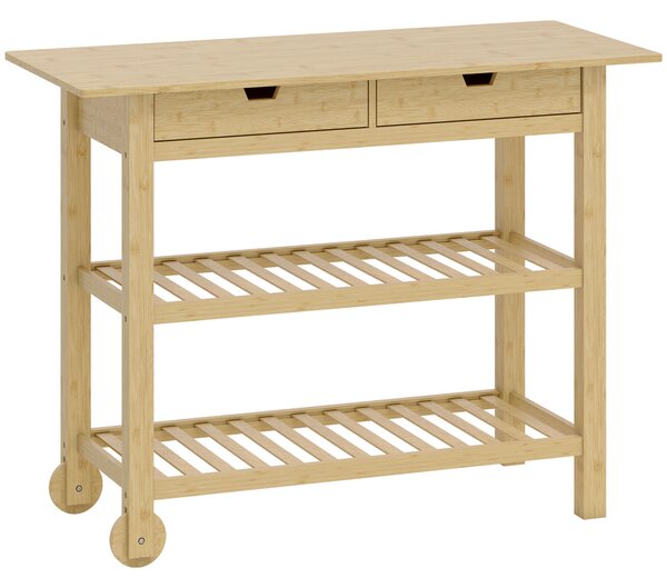 HOMCOM Carrello Cucina in Legno di Bambù con 2 Cassetti, 2 Ripiani a Doghe e 2 Rotelle, 100x43x75 cm, Legno | Aosom Italy