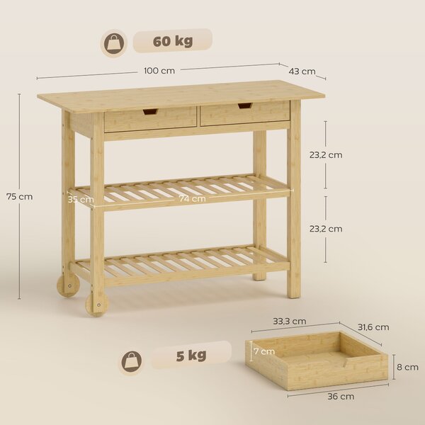HOMCOM Carrello Cucina in Legno di Bambù con 2 Cassetti, 2 Ripiani a Doghe e 2 Rotelle, 100x43x75 cm, Legno | Aosom Italy