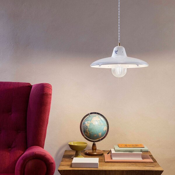 Lampadario Classico Como Ceramica Bianco Decorato Filo Blu 1 Luce E27