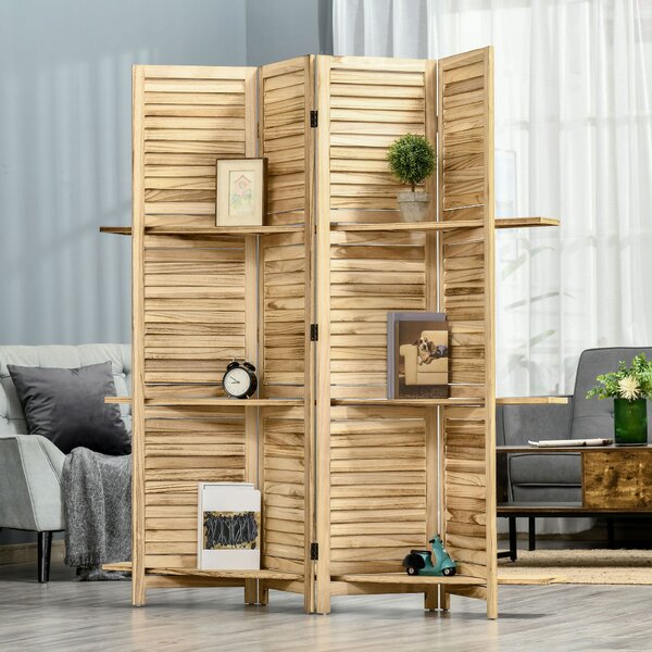 HOMCOM Paravento Divisorio per Interni Pieghevole a 4 Ante con Ripiani in Legno di Paulonia, 162x170 cm, Legno | Aosom Italy