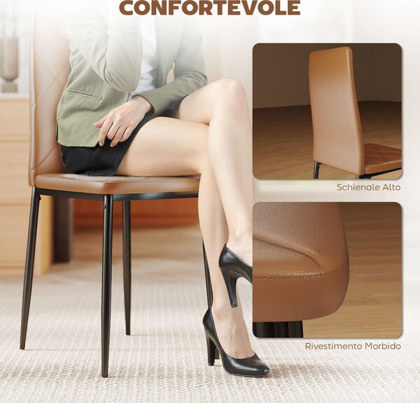 HOMCOM Set di 6 Sedie da Pranzo Moderne con Schienale Alto in Finta Pelle e Acciaio, 41x50x97 cm, Marrone | Aosom Italy