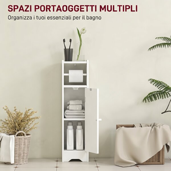 HOMCOM Mobile Porta Carta Igienica in Legno con Armadietto con Ripiano Interno Regolabile, 21x20x79 cm, Bianco | Aosom Italy