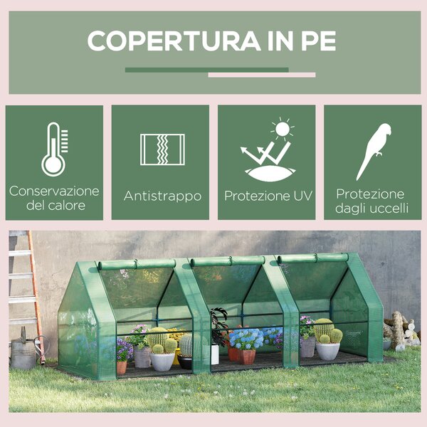 Outsunny Serra a Tunnel da Giardino in PE con Bordi Allungati e Porte a Cerniera per Piante e Fiori, 270x90x90 cm, Verde scuro | Aosom Italy