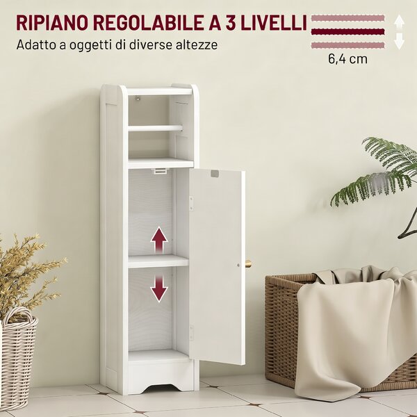 HOMCOM Mobile Porta Carta Igienica in Legno con Armadietto con Ripiano Interno Regolabile, 21x20x79 cm, Bianco | Aosom Italy